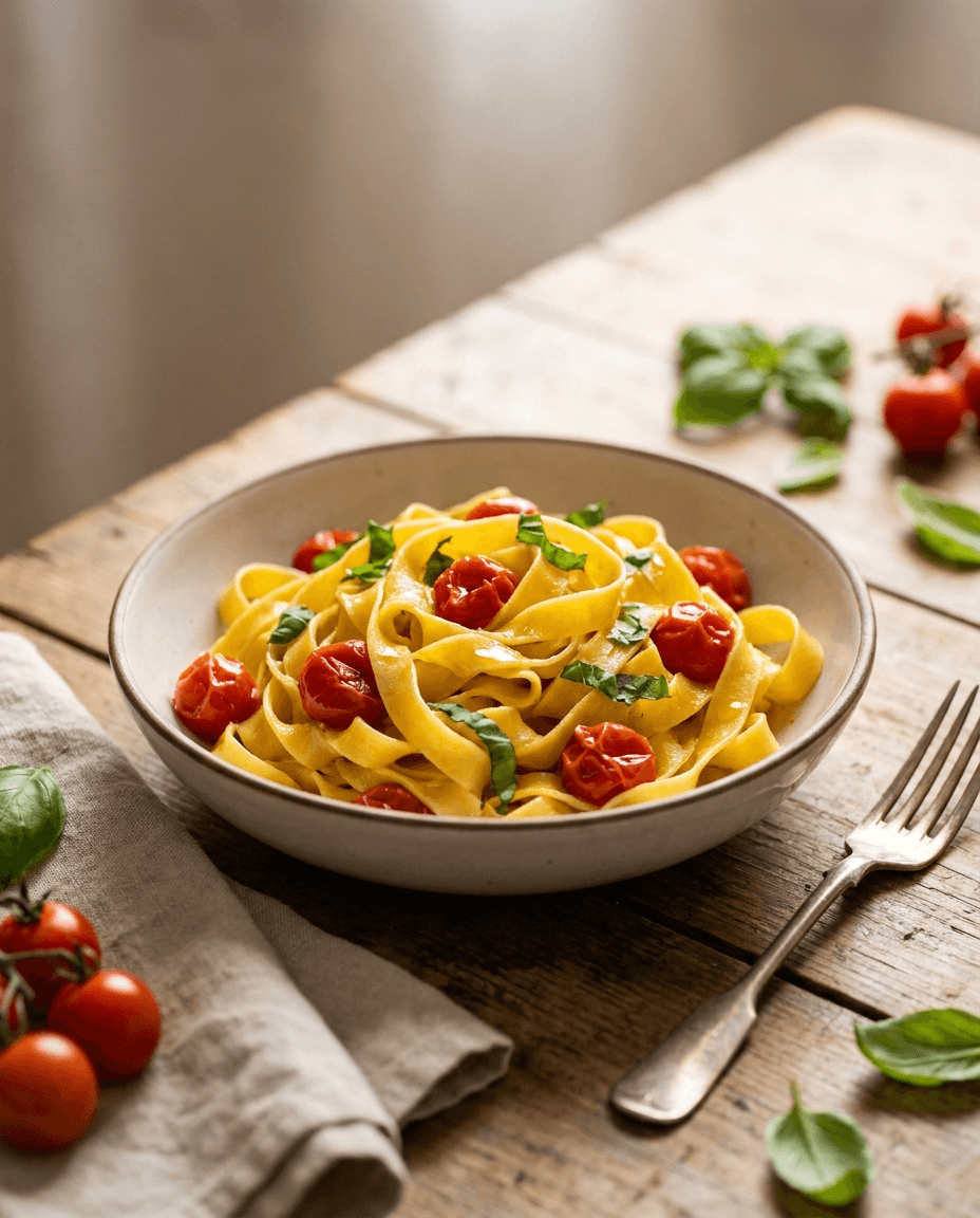 Tagliatelle fatte in casa con pomodorini e basilico, servite su un tavolo rustico